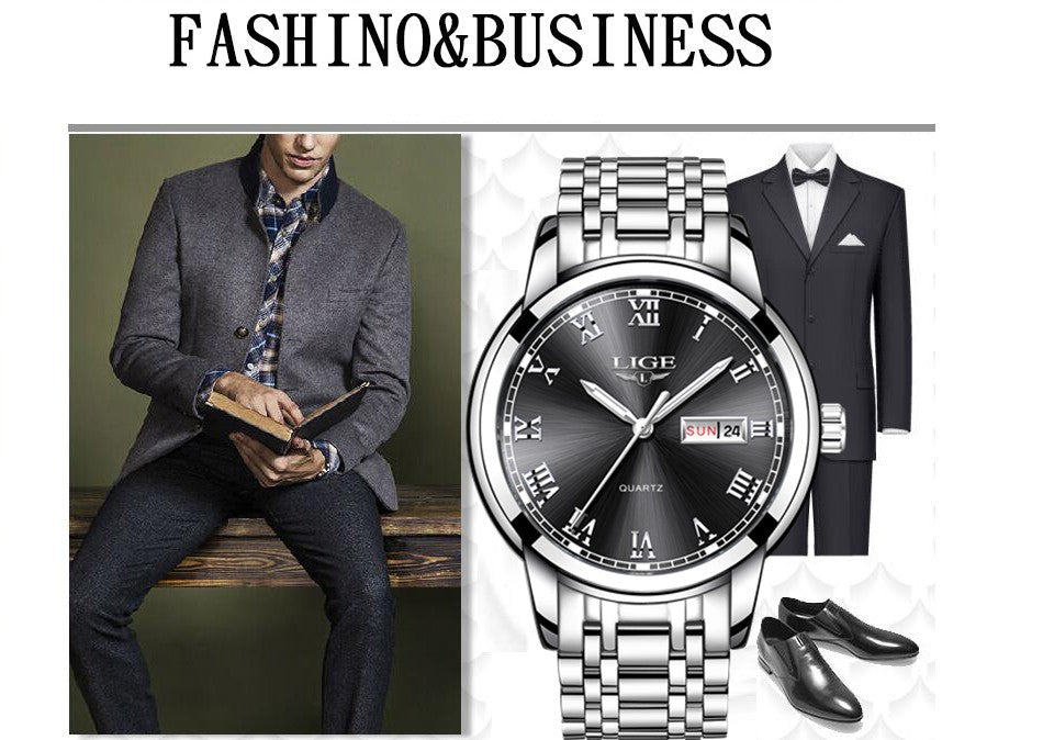 Luxury  LIGE  9846 Hot Selling Analog Watch Waterproof Wrist Quartz Watches Men Stainless Steel Watches Sport