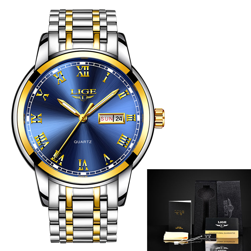 Luxury  LIGE  9846 Hot Selling Analog Watch Waterproof Wrist Quartz Watches Men Stainless Steel Watches Sport