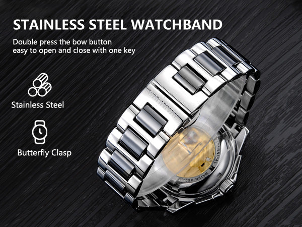 Automatic Mechanical Men's Watch Black Design Luxury Stainless Steel Band Water Resistant Feature Glass Dial Window for Business