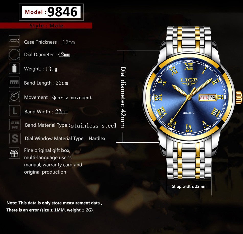Luxury  LIGE  9846 Hot Selling Analog Watch Waterproof Wrist Quartz Watches Men Stainless Steel Watches Sport