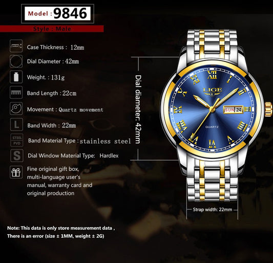 Luxury  LIGE  9846 Hot Selling Analog Watch Waterproof Wrist Quartz Watches Men Stainless Steel Watches Sport