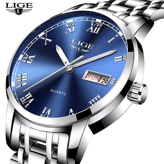 Luxury  LIGE  9846 Hot Selling Analog Watch Waterproof Wrist Quartz Watches Men Stainless Steel Watches Sport