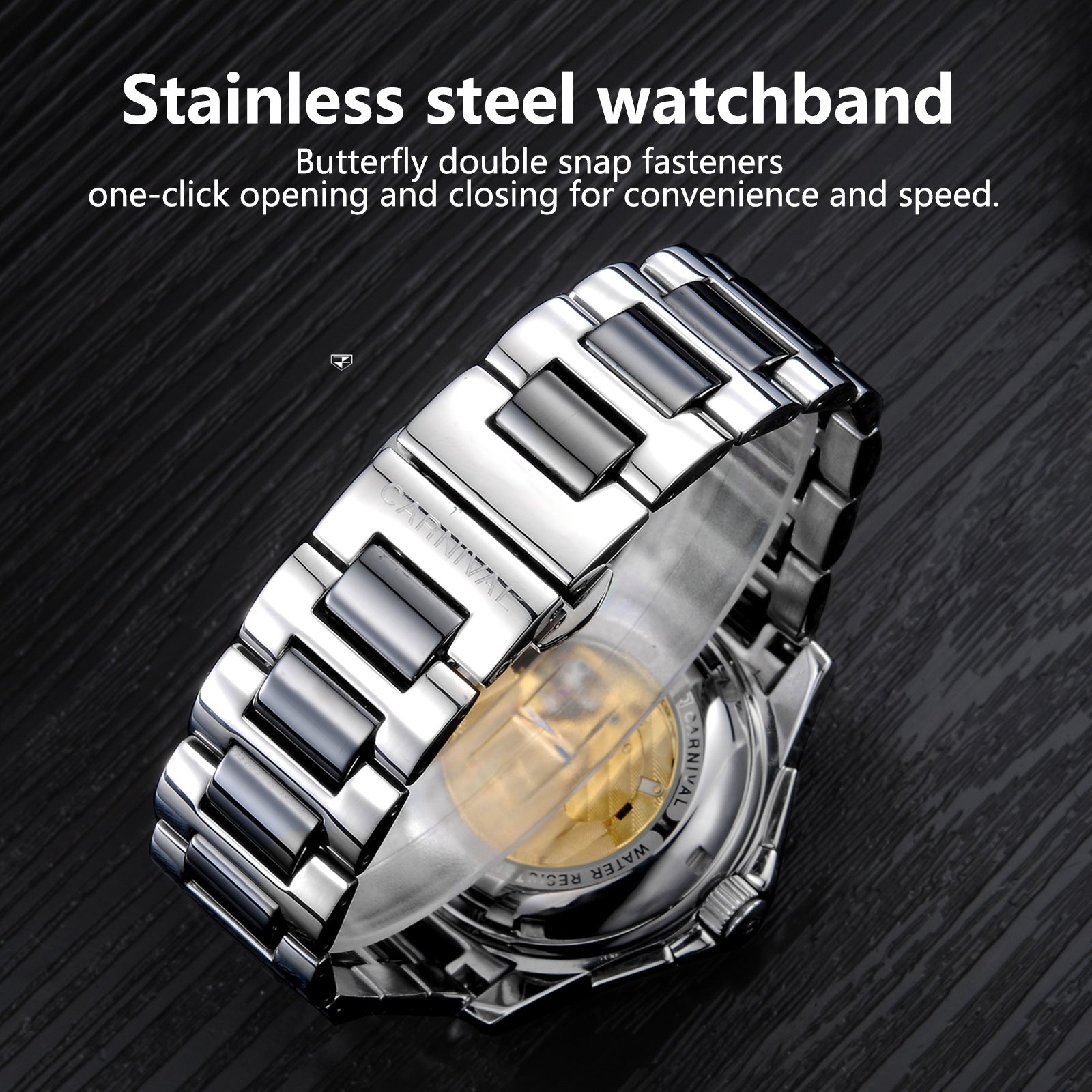 Automatic Mechanical Men's Watch Black Design Luxury Stainless Steel Band Water Resistant Feature Glass Dial Window for Business