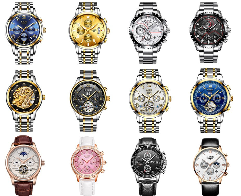 Luxury  LIGE  9846 Hot Selling Analog Watch Waterproof Wrist Quartz Watches Men Stainless Steel Watches Sport