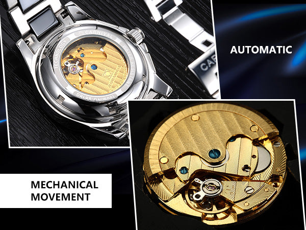 Automatic Mechanical Men's Watch Black Design Luxury Stainless Steel Band Water Resistant Feature Glass Dial Window for Business