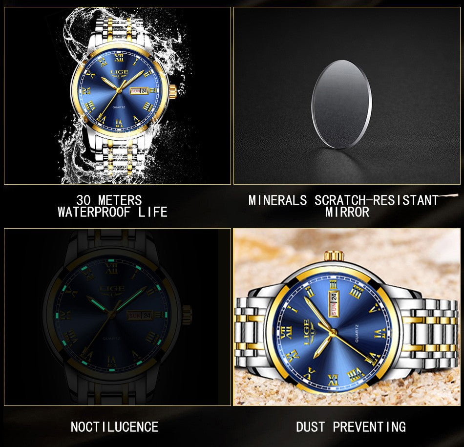 Luxury  LIGE  9846 Hot Selling Analog Watch Waterproof Wrist Quartz Watches Men Stainless Steel Watches Sport