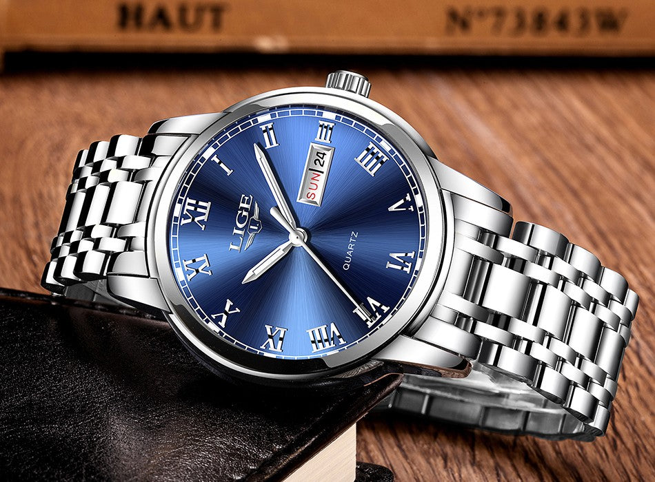 Luxury  LIGE  9846 Hot Selling Analog Watch Waterproof Wrist Quartz Watches Men Stainless Steel Watches Sport