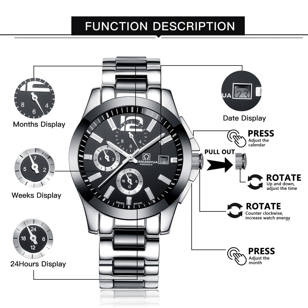 Automatic Mechanical Men's Watch Black Design Luxury Stainless Steel Band Water Resistant Feature Glass Dial Window for Business