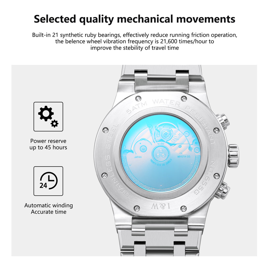 High Quality Custom Men's Stainless Steel Automatic Wristwatch Sapphire Case Dial Glass Luxury Wholesale Mechanical Watches