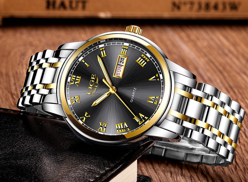 Luxury  LIGE  9846 Hot Selling Analog Watch Waterproof Wrist Quartz Watches Men Stainless Steel Watches Sport
