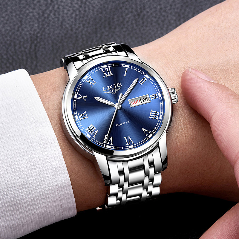 Luxury  LIGE  9846 Hot Selling Analog Watch Waterproof Wrist Quartz Watches Men Stainless Steel Watches Sport