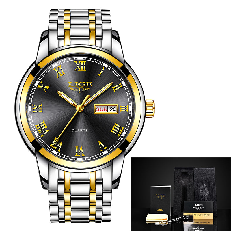Luxury  LIGE  9846 Hot Selling Analog Watch Waterproof Wrist Quartz Watches Men Stainless Steel Watches Sport