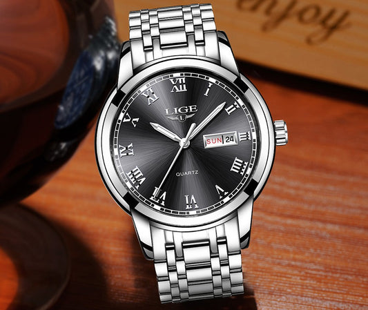 Luxury  LIGE  9846 Hot Selling Analog Watch Waterproof Wrist Quartz Watches Men Stainless Steel Watches Sport