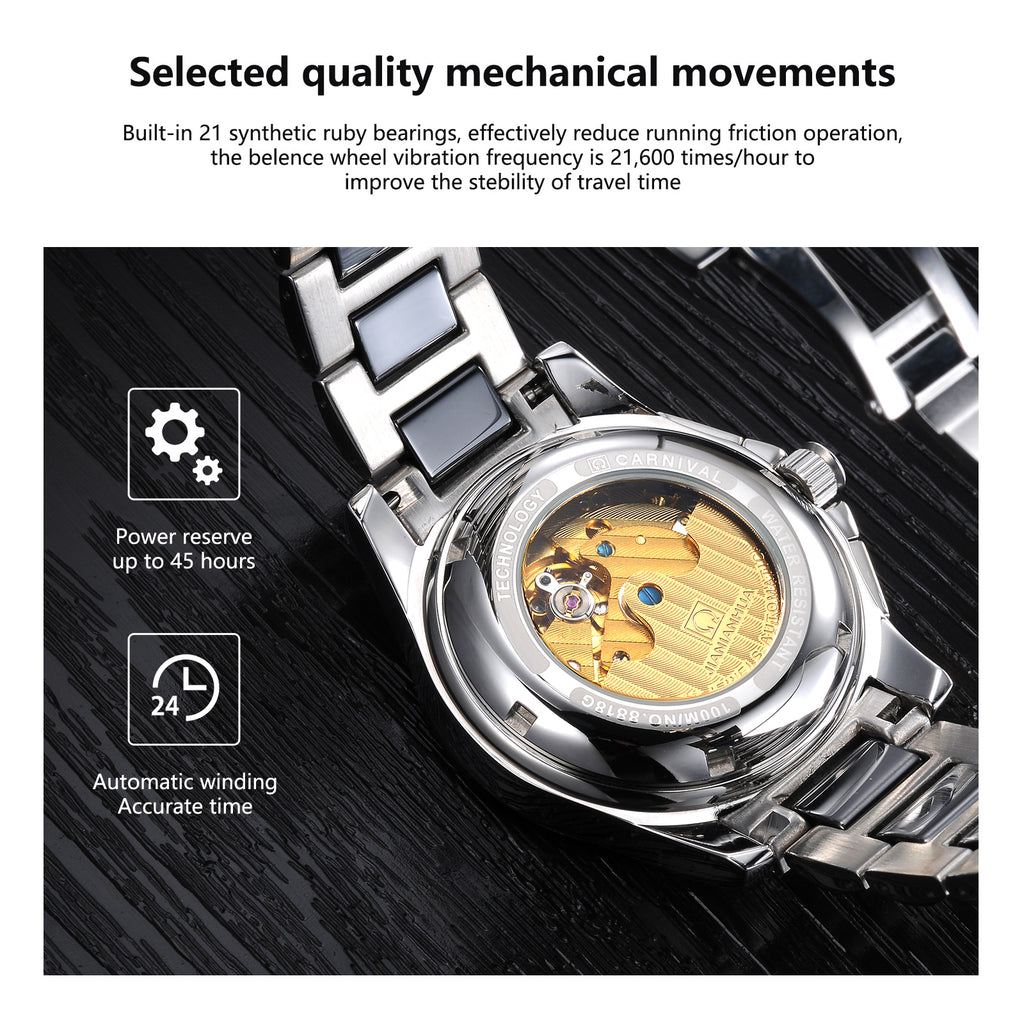 Automatic Mechanical Men's Watch Black Design Luxury Stainless Steel Band Water Resistant Feature Glass Dial Window for Business